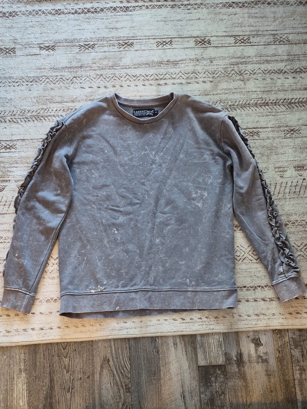 Kangol Women's Washed Gray Crewneck Sweater with Ruffle Sleeve Detail